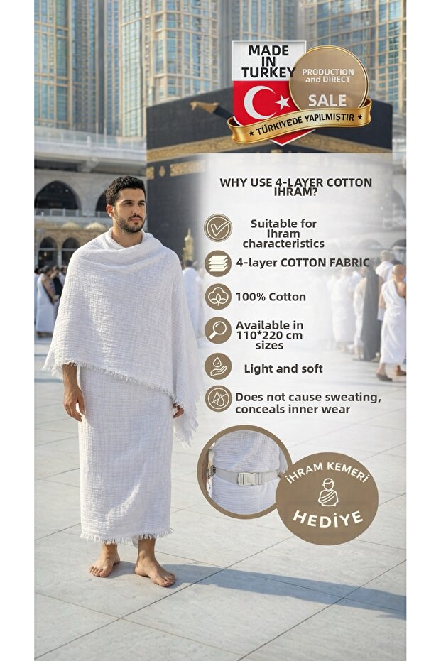 100% Cotton 4-Layer Muslin Ihram - Non-Visible Hajj-Umrah Clothing (110X220 cm) with Belt as a Gift