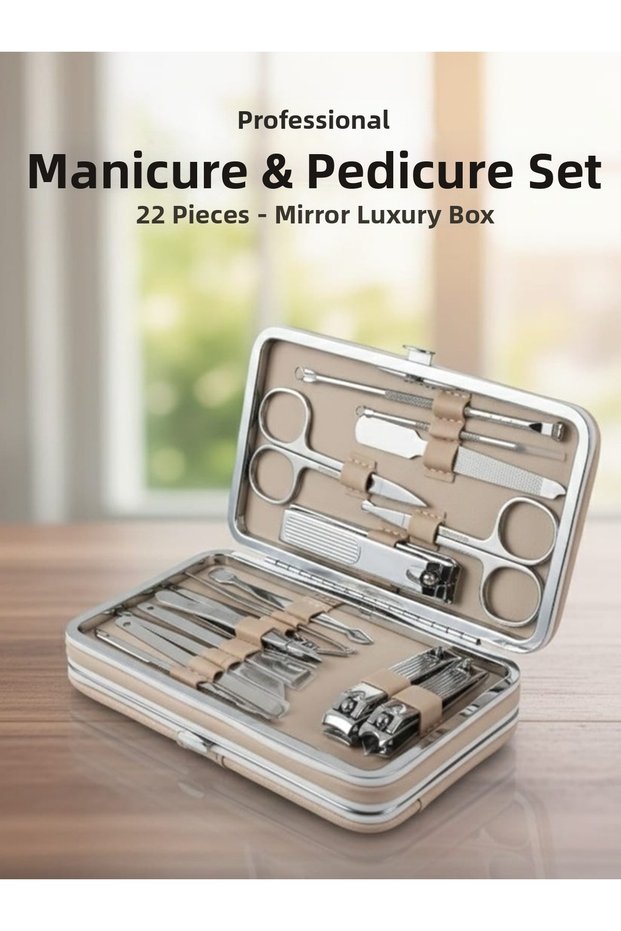 22 Piece Pu Leather Look, Mirrored, Double Compartment, Stylish Design Manicure, Pedicure, Skin Care Set