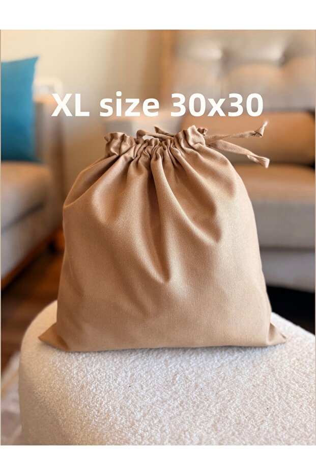 حقيبة قماشية من الكتان باللون البيج مقاس XL - منظم داخلي للحقيبة برباط - حقيبة مكياج - 30x30 - حقيبة قماشية