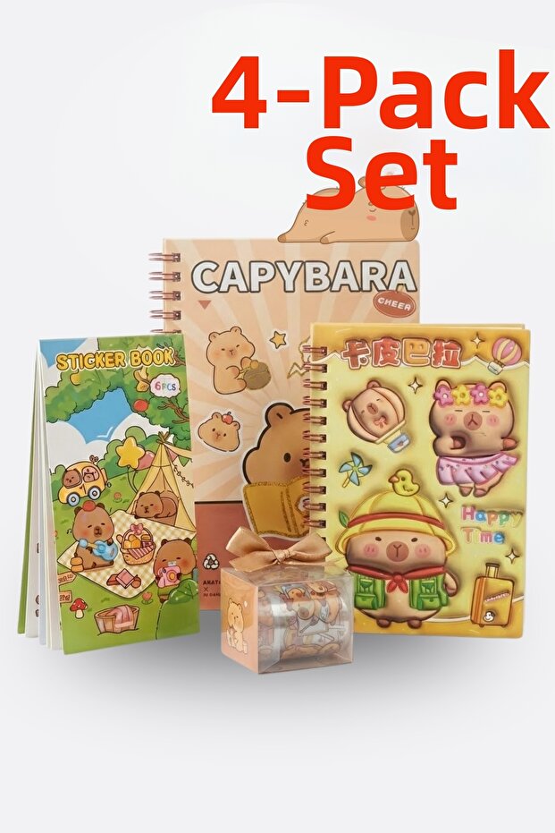 Capybara 4-Piece Stationery Set: A5 Notebook with Bookmark, A7 Notebook, Sticker Book, and Tape