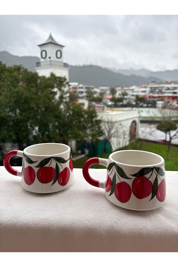 كوب سيراميك مصنوع يدويًا بنمط الكرز، طقم من قطعتين - 2