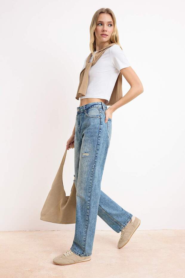 Mavi Yüksek Bel Yırtıklı Straight Jeans TWOSS26JE00070 - 2