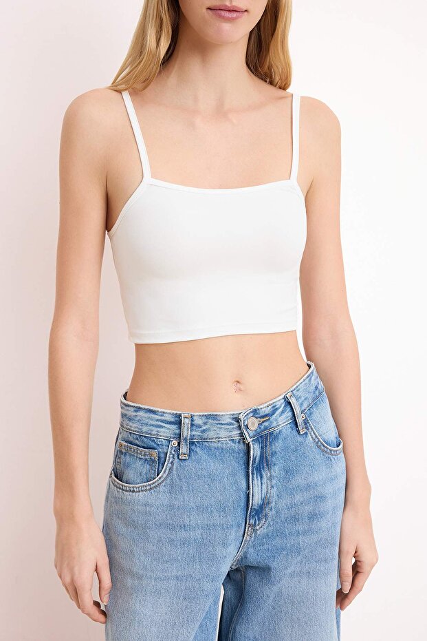 Lacivert-Ekru 2'li Paket Poliamid İçerikli Askılı Crop Fitted Esnek Örme Atlet TWOSS24AL00053 - 3