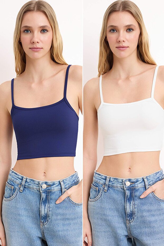 Lacivert-Ekru 2'li Paket Poliamid İçerikli Askılı Crop Fitted Esnek Örme Atlet TWOSS24AL00053 - 1