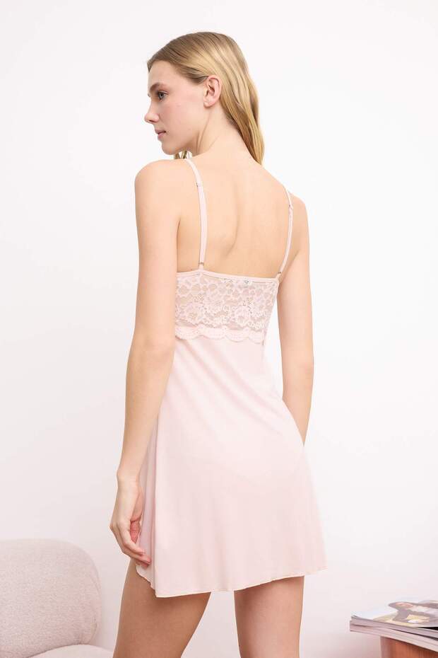 Pudra 4'lü Dantel Detaylı Sabahlık + Gecelik + Bralet + Şort Örme Pijama Takımı THMSS26PT00093 - 8