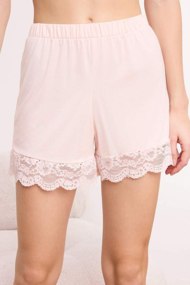 Pudra 4'lü Dantel Detaylı Sabahlık + Gecelik + Bralet + Şort Örme Pijama Takımı THMSS26PT00093 - 5