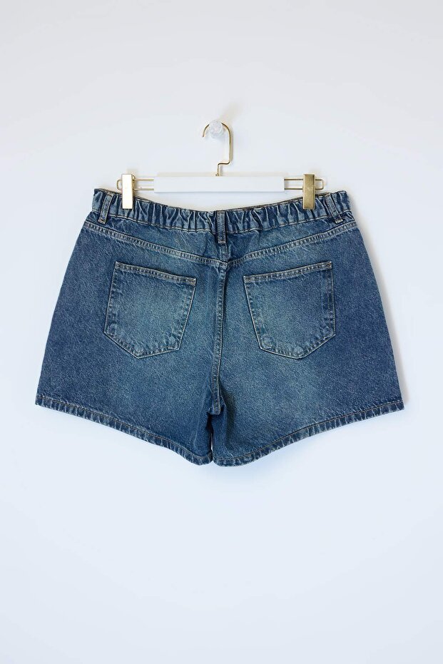 Mavi Lastikli Yüksek Bel Mini %100 Pamuk Non-Stretch Büyük Beden Denim Şort TBBSS26AP00009 - 3