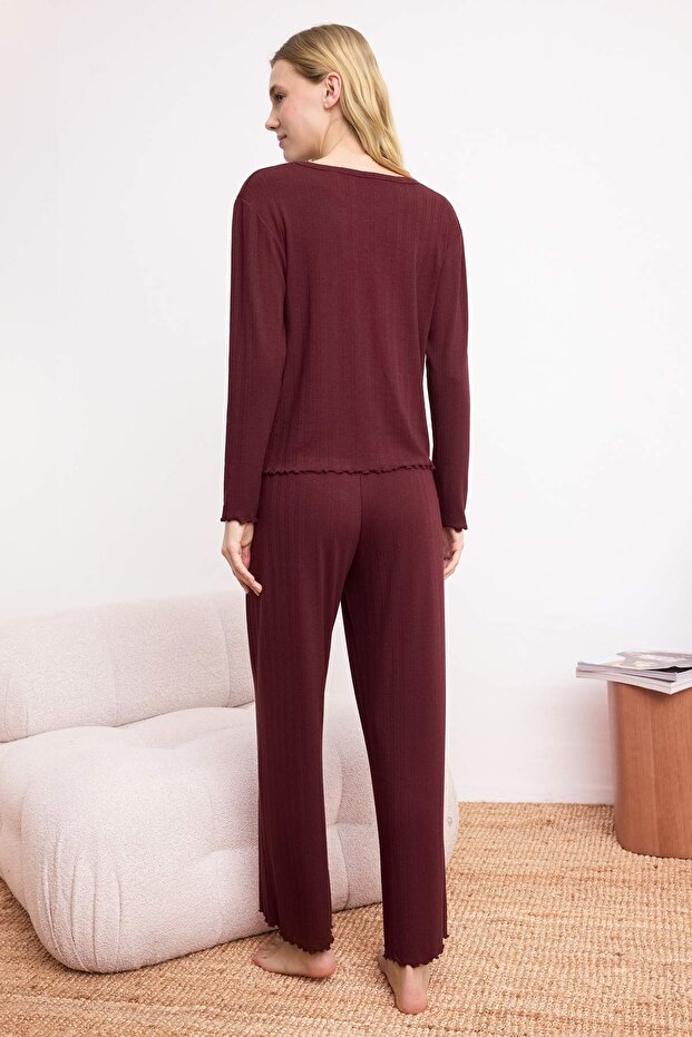 Bordo Baby Overloklu Yumuşak Tuşe Fitilli/Pointel Örme Pijama Takımı THMSS26PT00166 - 4