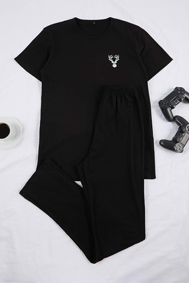 Siyah Regular Fit Baskılı Kısa Kol Örme Pijama Takımı TMNSS25PT00040 - 4