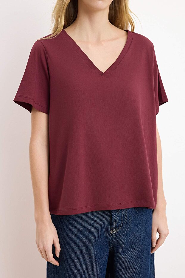 Bordo-Lacivert %100 Pamuk 2'li Paket Regular Kalıp Basic V Yaka Örme T-Shirt TWOSS23TS00002 - 6