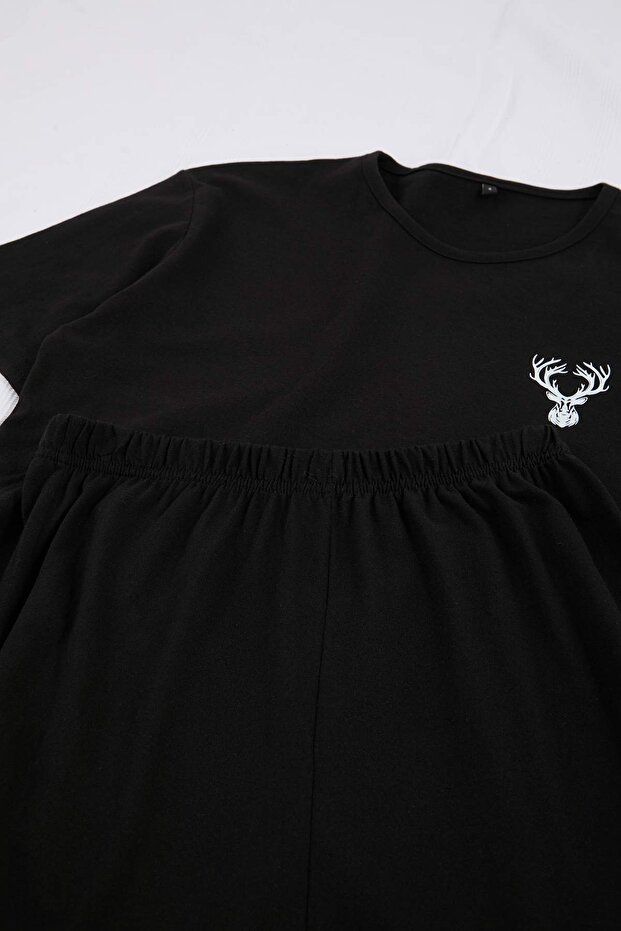 Siyah Regular Fit Baskılı Kısa Kol Örme Pijama Takımı TMNSS25PT00040 - 6