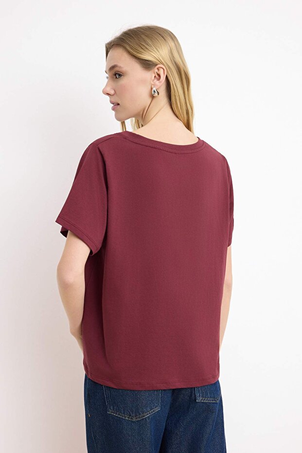 Bordo-Lacivert %100 Pamuk 2'li Paket Regular Kalıp Basic V Yaka Örme T-Shirt TWOSS23TS00002 - 7