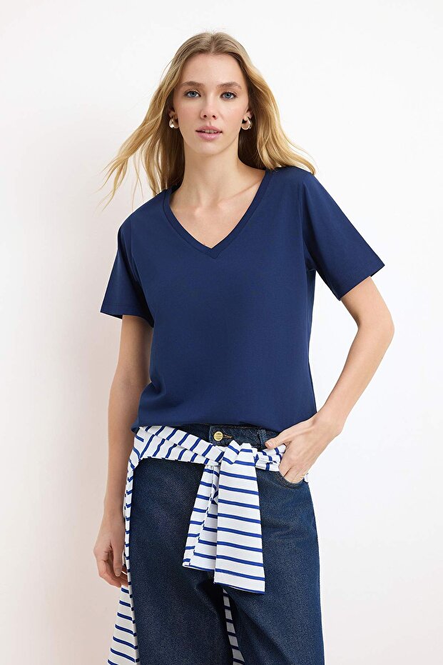 Trendyolmilla  Bordo-Lacivert %100 Pamuk 2'li Paket Regular Kalıp Basic V Yaka Örme T-Shirt TWOSS23TS00002 - Görsel 3