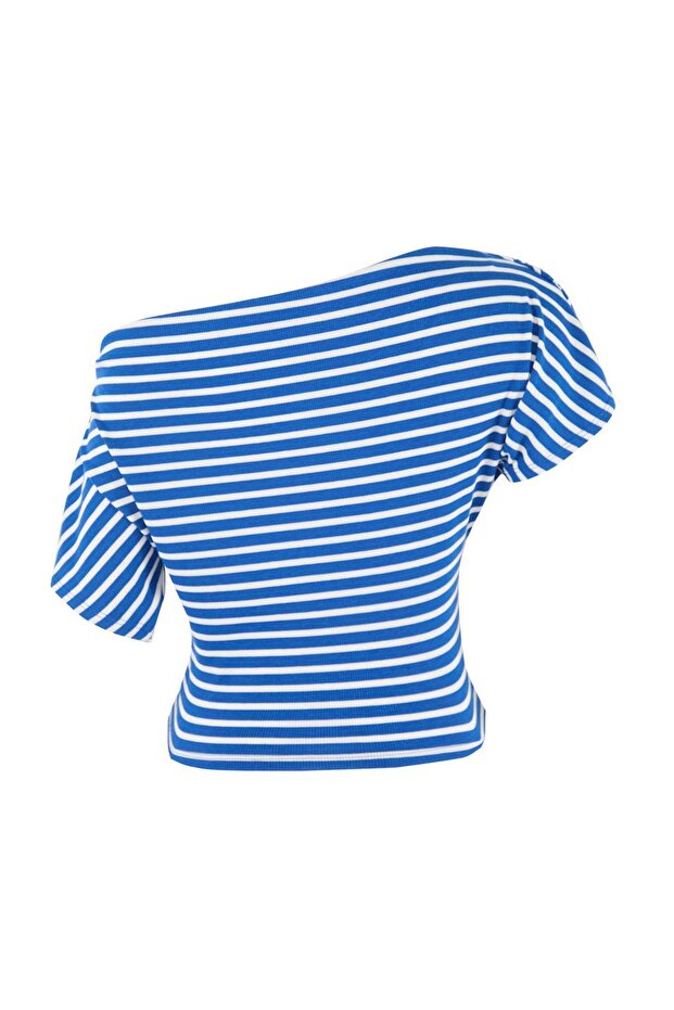 Lacivert Çizgili Regular Kalıp Asimetrik Yaka Büzgülü Crop Fitilli Esnek Örme Bluz TWOSS26BZ00376 - 6