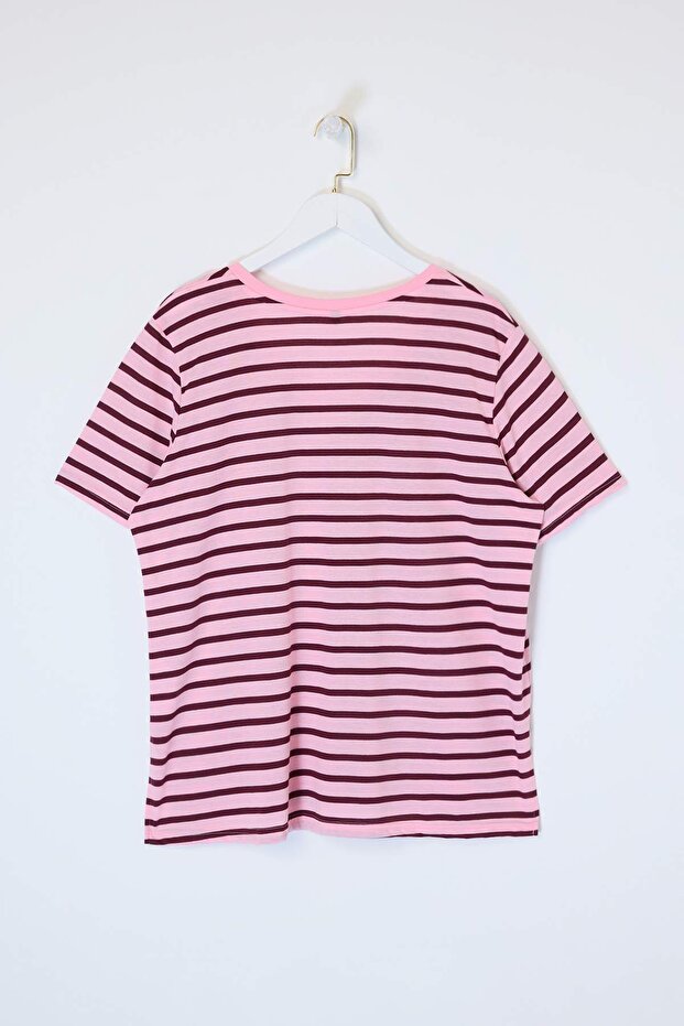 Kırmızı-Pembe Çizgili V -Yaka Örme T-shirt TBBSS23BF00016 - 6