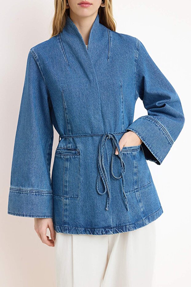 Mavi Kemerli 100% Pamuk Oversize Denim Ceket TWOSS26CE00001 - 6