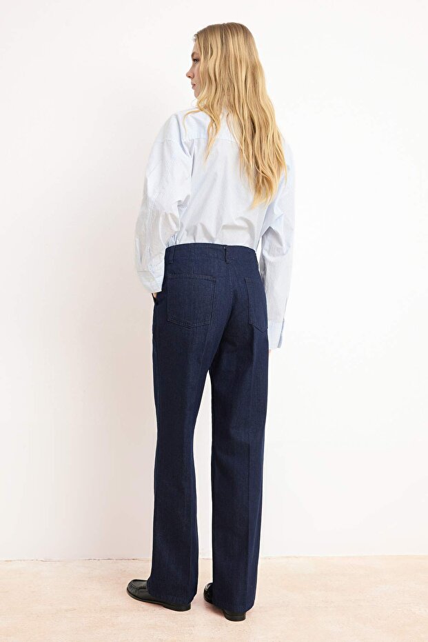 Koyu Mavi DÖKÜMLÜ Nervür Detaylı Normal Bel %100 PAmuk Wide Leg Jeans TWOSS26JE00018 - 4