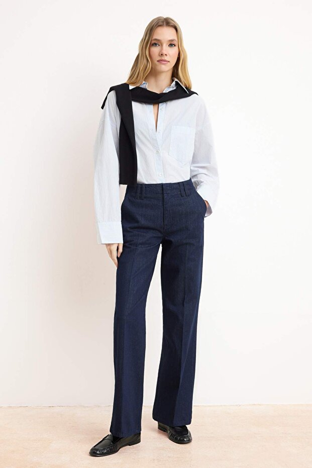 Koyu Mavi DÖKÜMLÜ Nervür Detaylı Normal Bel %100 PAmuk Wide Leg Jeans TWOSS26JE00018 - 2