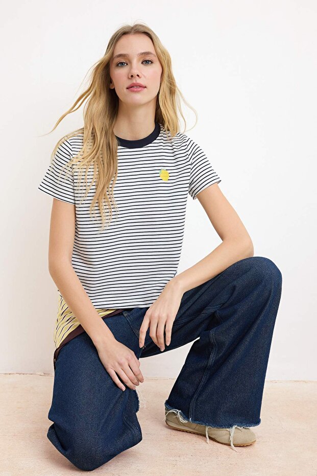 Lacivert Çizgili Regular/Normal Kalıp Nakışlı Tok %100 Pamuk Örme T-Shirt TWOSS26TS00017 - 2