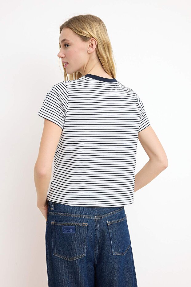 Lacivert Çizgili Regular/Normal Kalıp Nakışlı Tok %100 Pamuk Örme T-Shirt TWOSS26TS00017 - 4