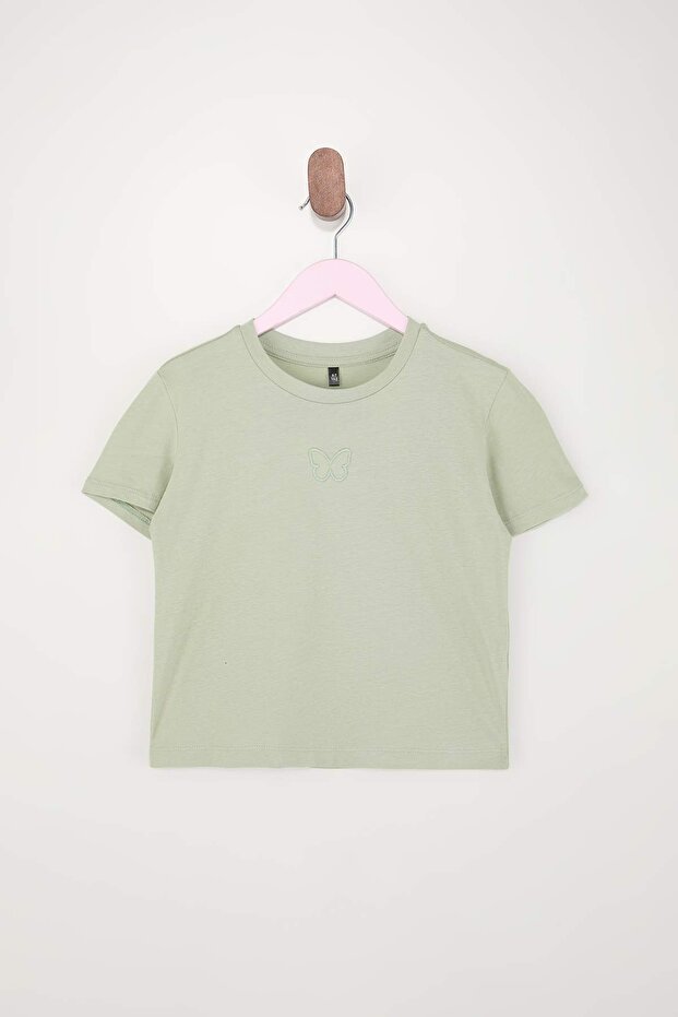 Pembe-Mint 2'li Nakışlı Kız Çocuk Düz Nakışlı Örme T-Shirt TKDSS26TS00006 - 5
