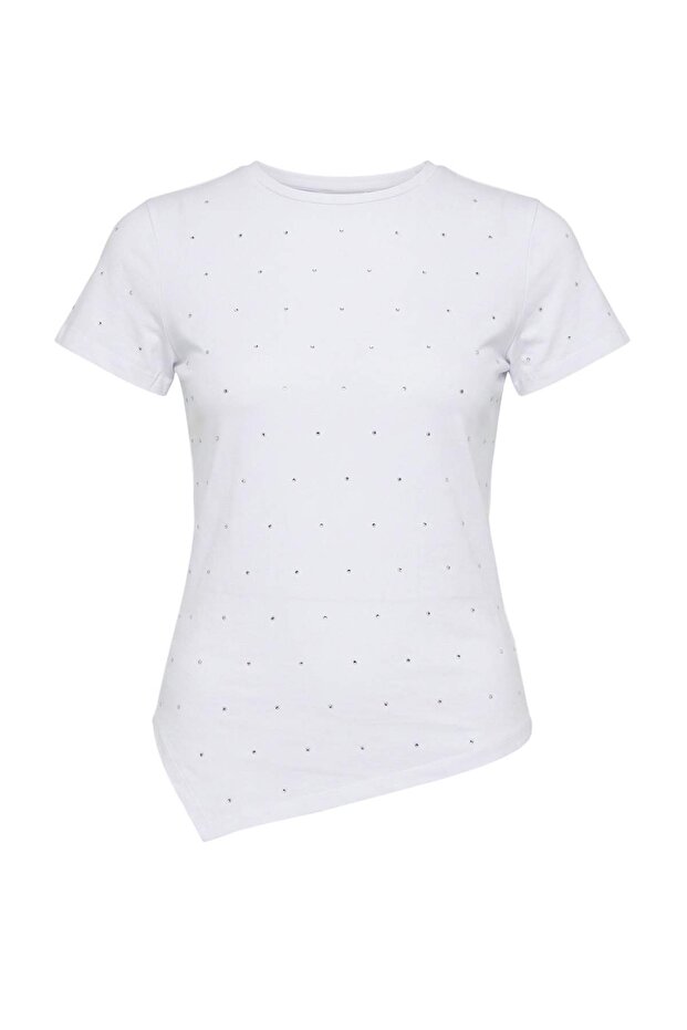 Beyaz Beyaz Taşlı Asimetrik Fitted/Vücuda Oturan Örme T-shirt TBBSS26AF00080 - 4