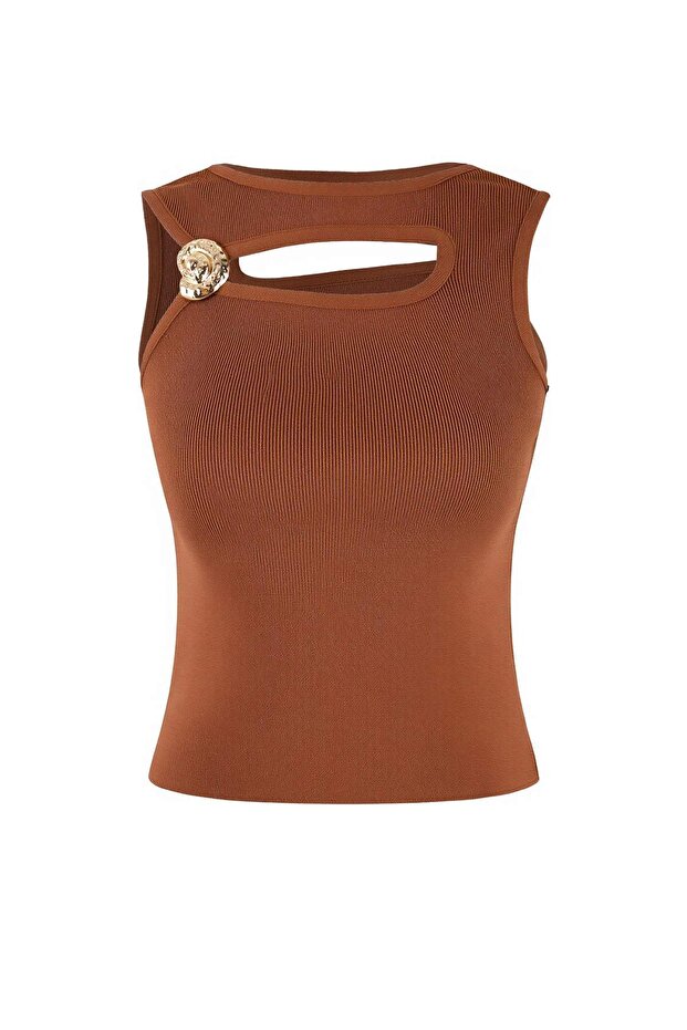 Limited Edition Açık Kahverengi Asimetrik Yaka Fitted Triko İnce Bluz TWOSS26BZ00306 - 5