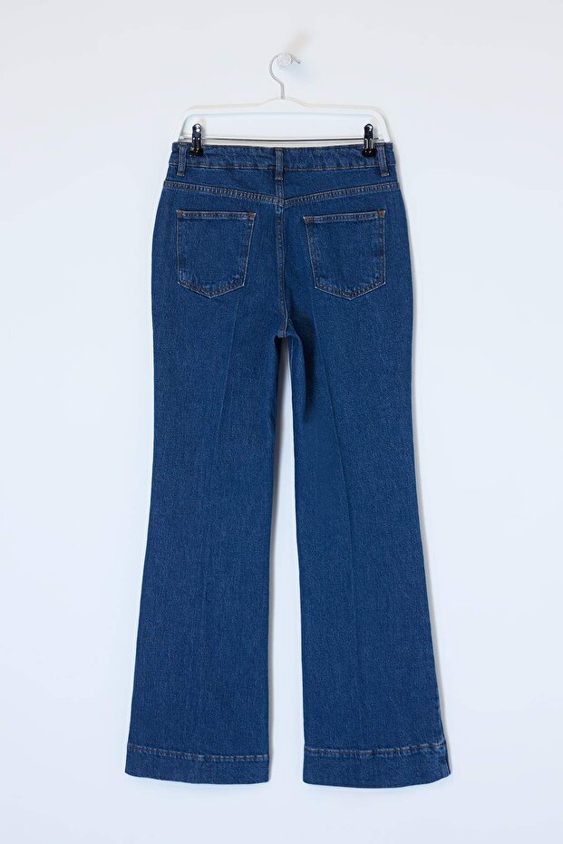 Koyu Mavi Yüksek Bel Ütü İzli Az Esnek Wide Leg Jeans TWOSS26JE00191 - 6