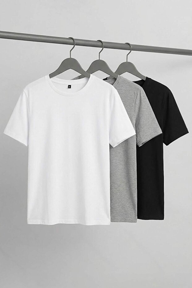 Beyaz-Gri-Lacivert 3'lü Paket Büyük Beden T-shirt TBBSS25BF00071 - 7