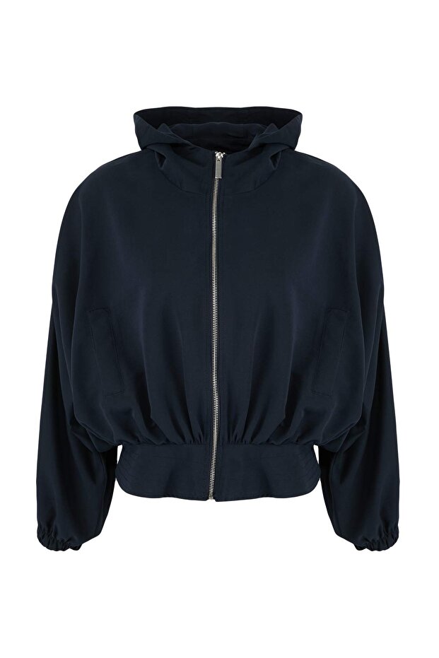 Lacivert Oversize Yazlık Kumaşlı Peplum Detaylı Kapüşonlu Yazlık Kumaşlı İnce Mont TWOSS26MO00002 - 6