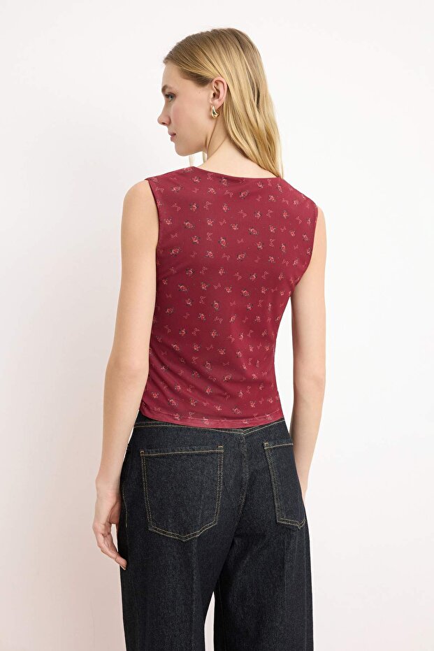 Bordo Çiçek Baskılı Astarlı Baskılı Tül Vücuda Oturan Crop Fiyonk Detaylı Örme Bluz TWOSS25BZ00033 - 4