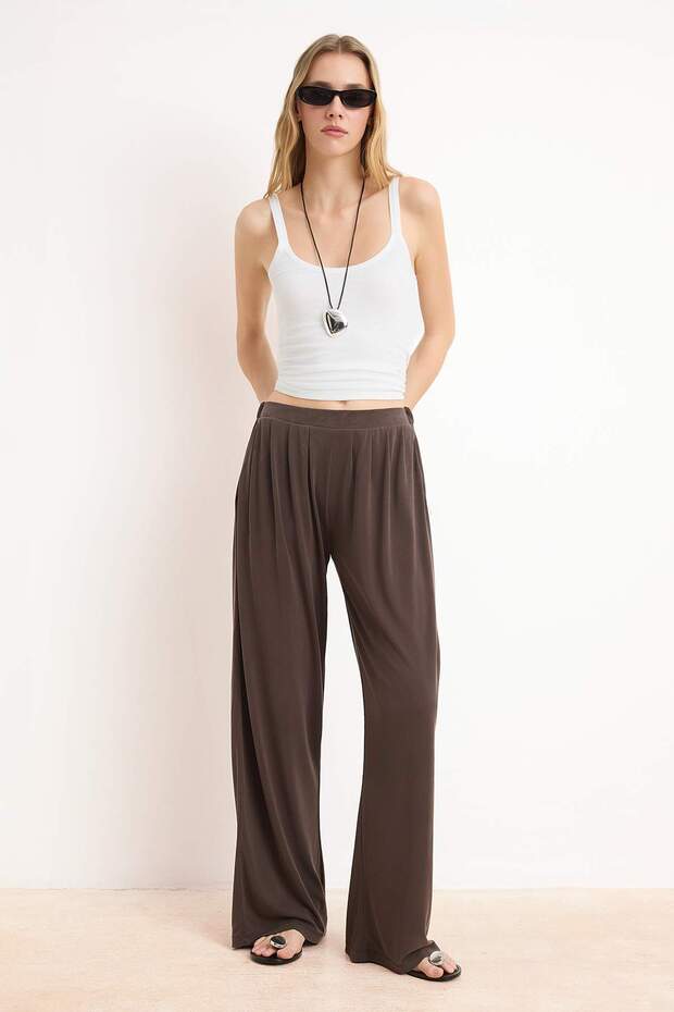 Kahverengi Pilili Wide Leg/Rahat Kesim Esnek Modal Premium Örme Pantolon TWOAW25PL00073 - 1
