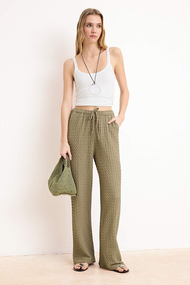 Haki Wide Leg/Geniş Paça Lastikli Yazlık Uzun Dokulu Örme Pantolon TWOSS26PL00121 - 2