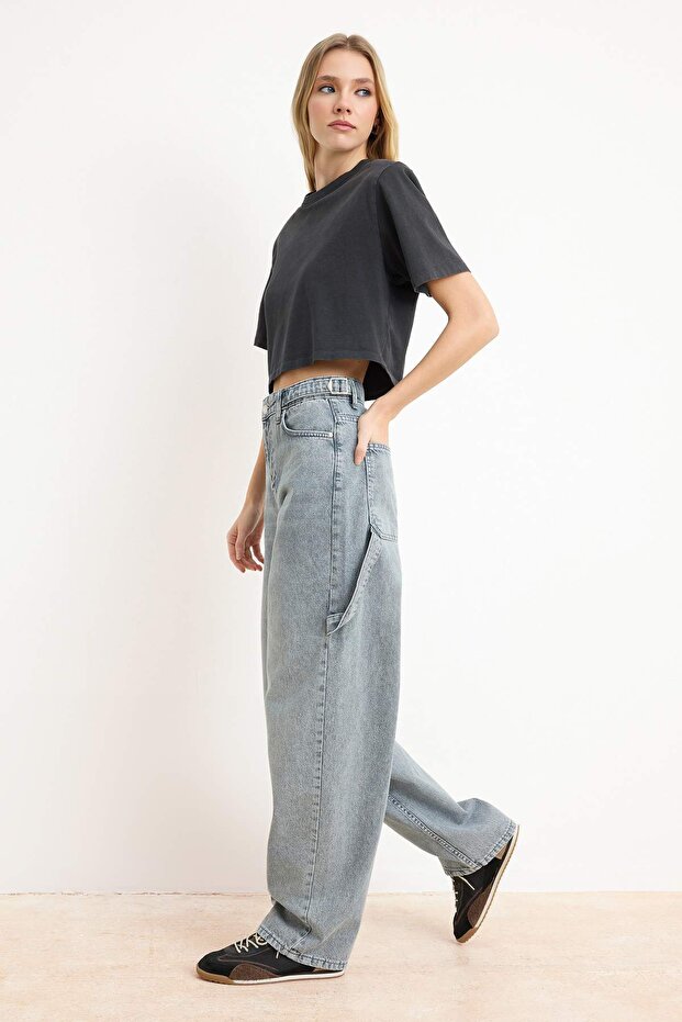 Gri Yüksek Bel Bol Kesim Loose Baggy Jeans TWOAW24JE00308 - 2