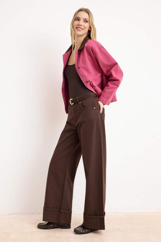 Kahverengi Paça Katlamalı Yüksek Bel Wide Leg/Geniş Paça Jeans TWOAW26JE00011 - 2