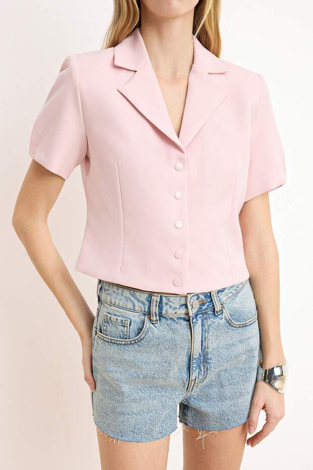 Pembe Çıtçıtlı Kısa Kollu Astarlı Crop Blazer Ceket TWOSS26BC00029 - 3