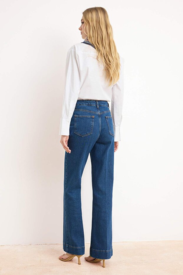Koyu Mavi Yüksek Bel Ütü İzli Az Esnek Wide Leg Jeans TWOSS26JE00191 - 4