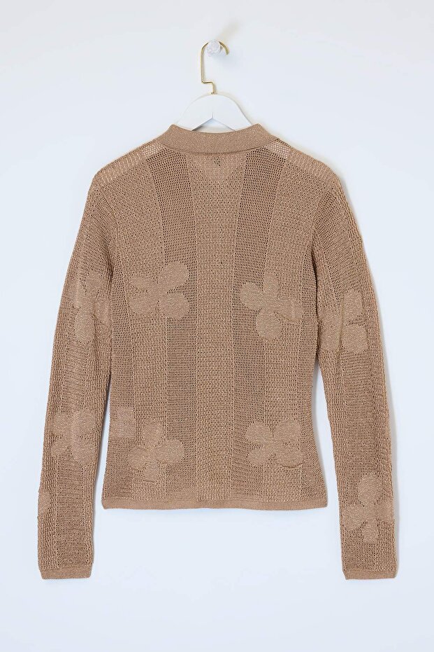 Camel Polo Yaka Ajurlu/Delikli Nakışlı Triko Hırka TWOSS26HI00011 - 7