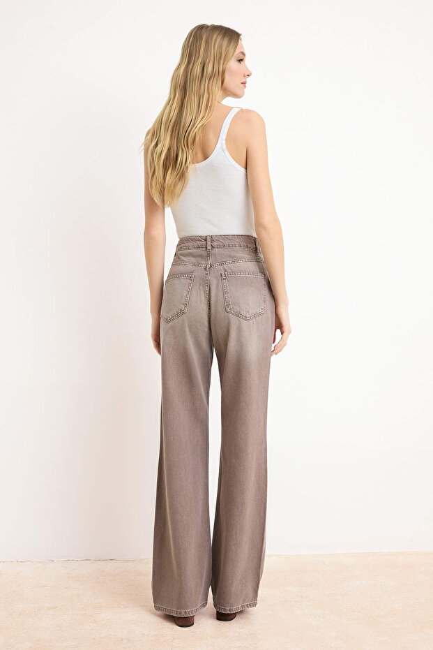 Açık Kahverengi DÖKÜMLÜ Vintage Yıkama Yüksek Bel %100 Pamuk Wide Leg Jeans TWOSS26JE00172 - 4