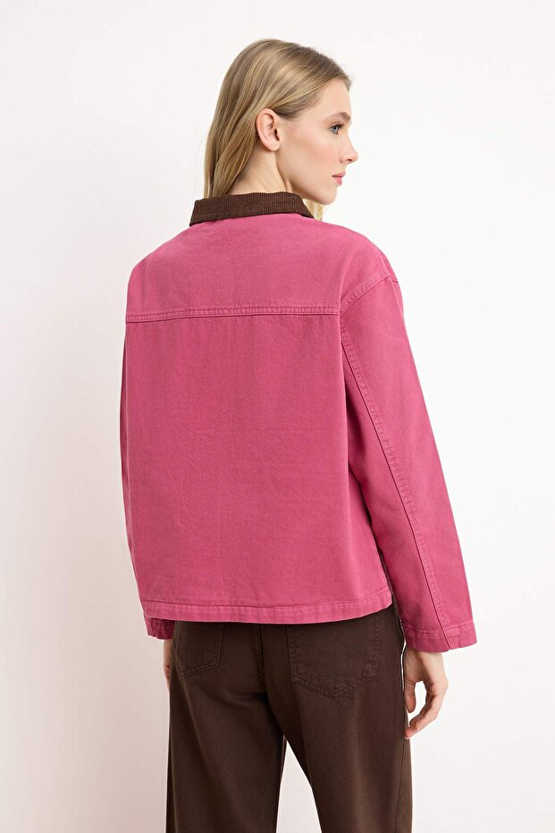Pembe Fitilli Kadife Yaka Detaylı Denim Gömlek Ceket TWOAW26CE00004 - 4