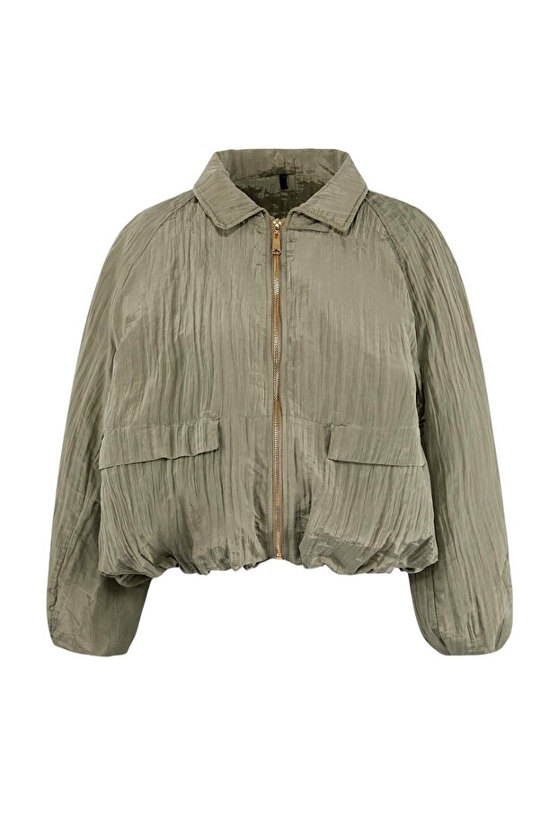 Açık Haki İnce Dolgulu Dokulu Oversize Bomber Mont TWOSS26MO00007 - 5