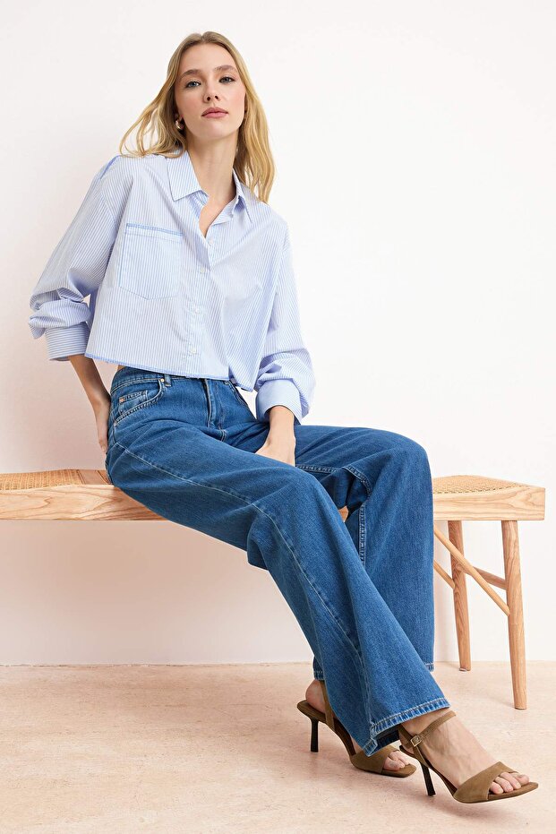Mavi DÖKÜMLÜ Yüksek Bel MEVSİMLİK %100 Pamuk Uzun Boy Wide Leg Jeans TWOSS26JE00127 - 3