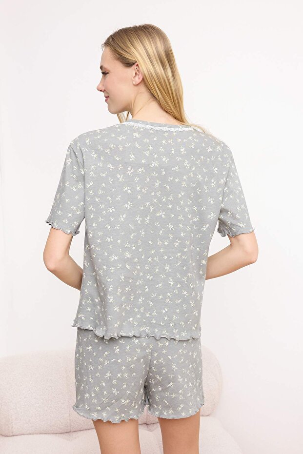 Gri %100 Pamuklu Çiçekli Dantel Detaylı Örme Pijama Takımı THMSS26PT00124 - 4