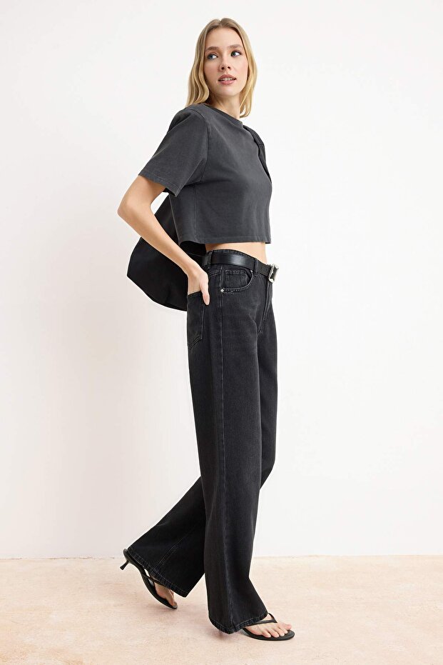 Siyah More Sustainable YUMUŞACIK Tencel Karışımlı Yüksek Bel Wide Leg Jeans TWOSS26JE00137 - 3