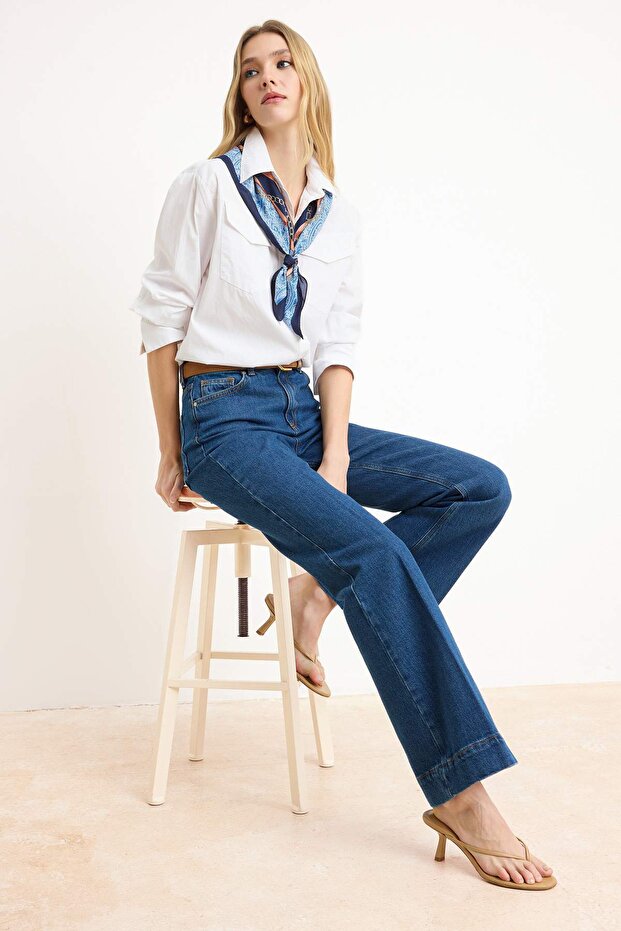 Koyu Mavi Yüksek Bel Ütü İzli Az Esnek Wide Leg Jeans TWOSS26JE00191 - 1