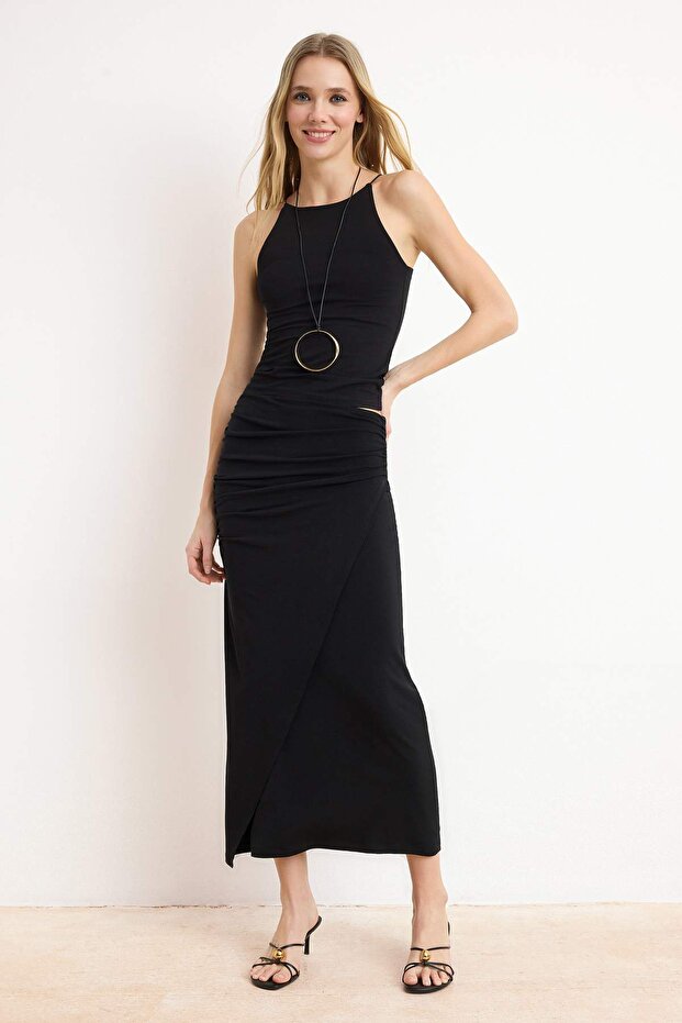 Siyah Büzgü Drape Detaylı Maxi Anvelop Esnek Etek TWOAW25ET00096 - 1