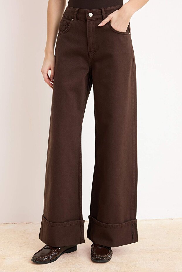 Kahverengi Paça Katlamalı Yüksek Bel Wide Leg/Geniş Paça Jeans TWOAW26JE00011 - 3
