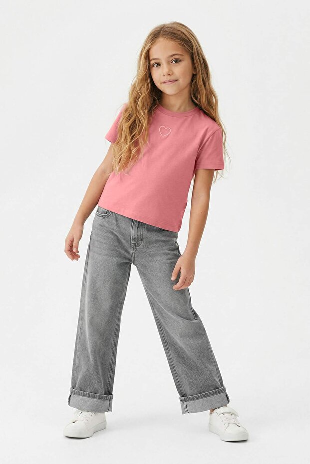 Pembe-Mint 2'li Nakışlı Kız Çocuk Düz Nakışlı Örme T-Shirt TKDSS26TS00006 - 3