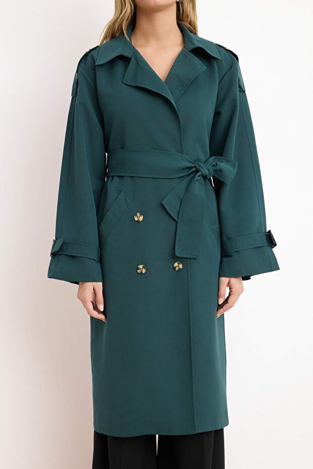 Yeşil Oversize Kuşaklı Trençkot TWOSS21TR0005 - 3