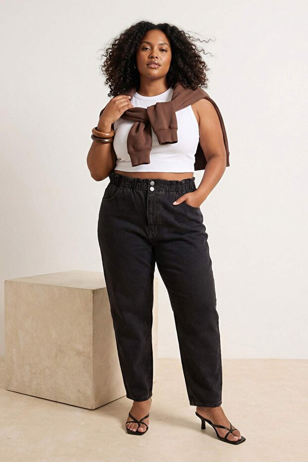 Kahverengi üksek Bel Beli Lastikli Büyük Beden Mom Jeans TBBAW23JE00002 - 3